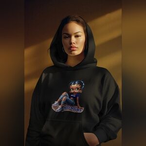 Blue Graphic Hoodie with Black Betty Boop Cartoon Design